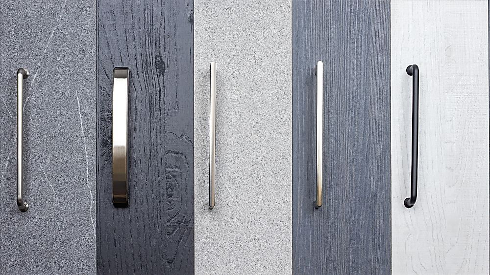 Blue and white cabinet door styles with modern hardware